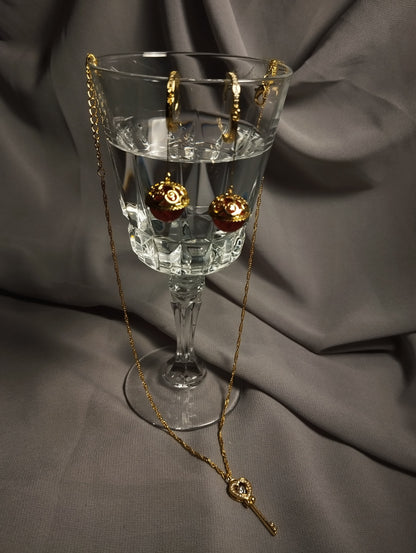 Royal Charm Gold Earrings & Key Pendant Set For Women